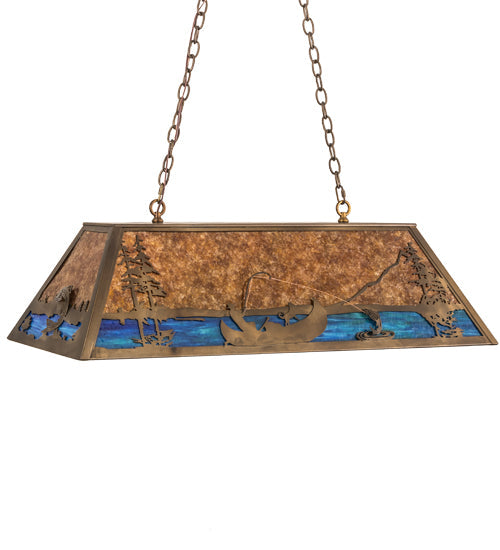 Meyda Lighting Trout & Fisherman 42" 6-Light Antique Copper Island Pendant Light With Amber Mica & Blue Shade Glass