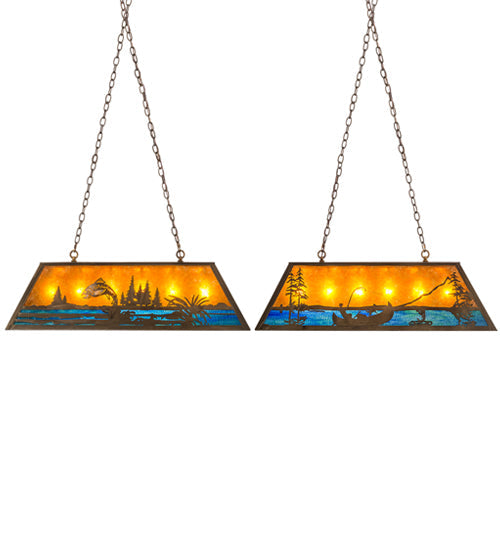 Meyda Lighting Trout & Fisherman 42" 6-Light Antique Copper Island Pendant Light With Amber Mica & Blue Shade Glass