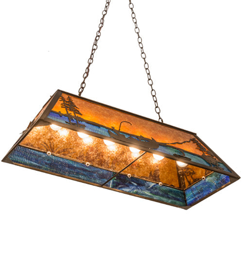 Meyda Lighting Trout & Fisherman 42" 6-Light Antique Copper Island Pendant Light With Amber Mica & Blue Shade Glass