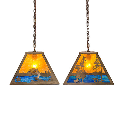 Meyda Lighting Trout & Fisherman 42" 6-Light Antique Copper Island Pendant Light With Amber Mica & Blue Shade Glass