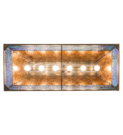Meyda Lighting Trout & Fisherman 42" 6-Light Antique Copper Island Pendant Light With Amber Mica & Blue Shade Glass