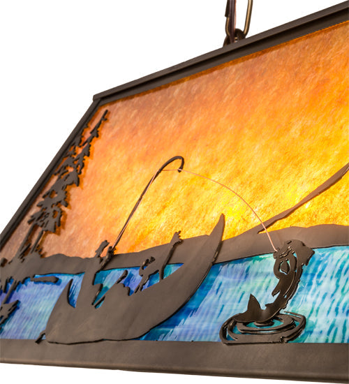 Meyda Lighting Trout & Fisherman 42" 6-Light Antique Copper Island Pendant Light With Amber Mica & Blue Shade Glass