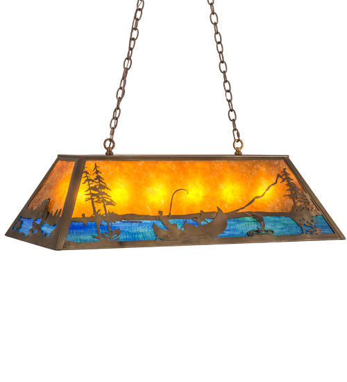Meyda Lighting Trout & Fisherman 42" 6-Light Antique Copper Island Pendant Light With Amber Mica & Blue Shade Glass