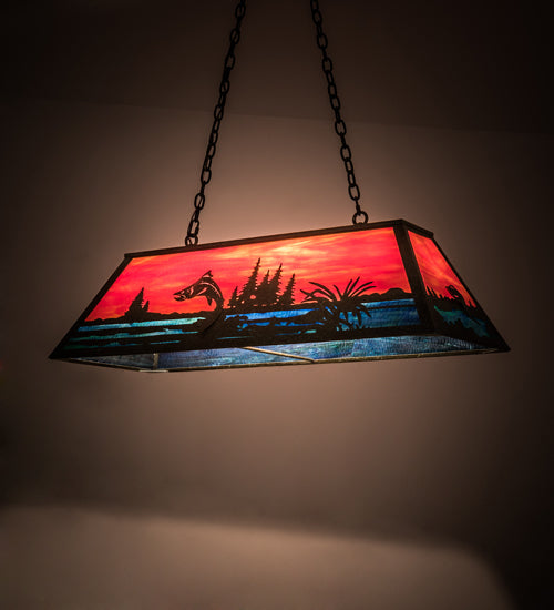 Meyda Lighting Trout & Fisherman 42" 6-Light Weathered Brass Island Pendant Light With Orange & Blue Shade Glass