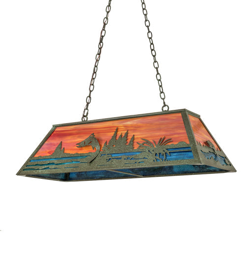 Meyda Lighting Trout & Fisherman 42" 6-Light Weathered Brass Island Pendant Light With Orange & Blue Shade Glass