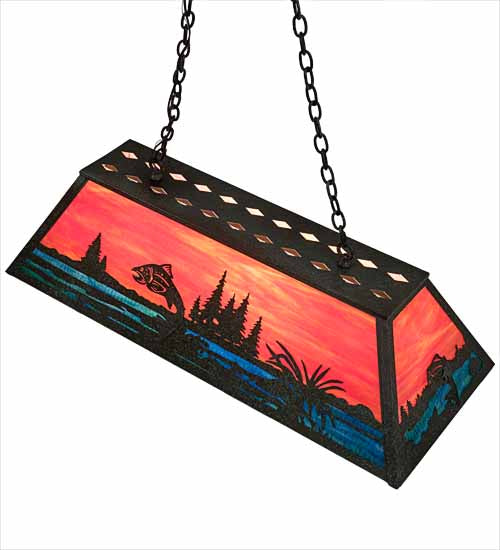 Meyda Lighting Trout & Fisherman 42" 6-Light Weathered Brass Island Pendant Light With Orange & Blue Shade Glass