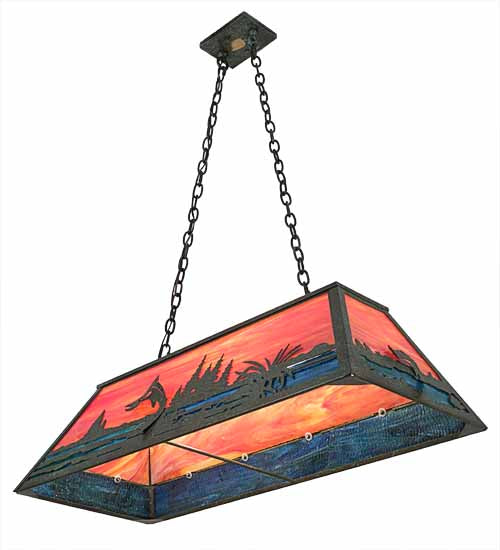 Meyda Lighting Trout & Fisherman 42" 6-Light Weathered Brass Island Pendant Light With Orange & Blue Shade Glass