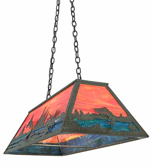 Meyda Lighting Trout & Fisherman 42" 6-Light Weathered Brass Island Pendant Light With Orange & Blue Shade Glass