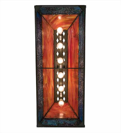 Meyda Lighting Trout & Fisherman 42" 6-Light Weathered Brass Island Pendant Light With Orange & Blue Shade Glass