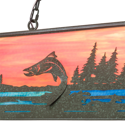 Meyda Lighting Trout & Fisherman 42" 6-Light Weathered Brass Island Pendant Light With Orange & Blue Shade Glass