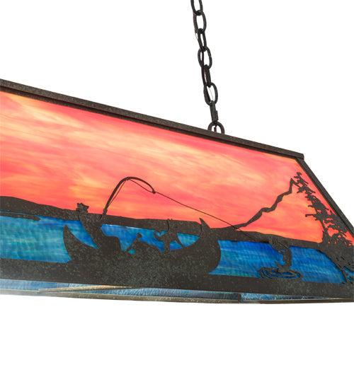 Meyda Lighting Trout & Fisherman 42" 6-Light Weathered Brass Island Pendant Light With Orange & Blue Shade Glass