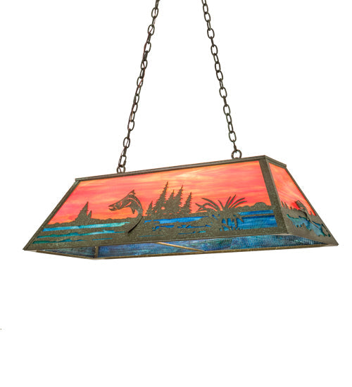 Meyda Lighting Trout & Fisherman 42" 6-Light Weathered Brass Island Pendant Light With Orange & Blue Shade Glass