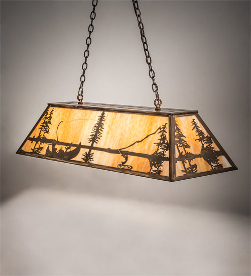 Meyda Lighting Trout & Fisherman 48" 6-Light Antique Copper Island Pendant Light With Beige Flemish Shade Glass