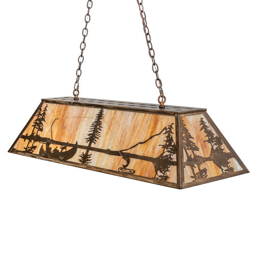 Meyda Lighting Trout & Fisherman 48" 6-Light Antique Copper Island Pendant Light With Beige Flemish Shade Glass
