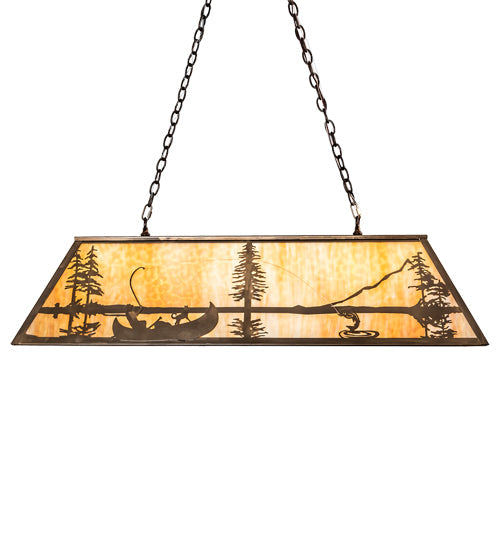 Meyda Lighting Trout & Fisherman 48" 6-Light Antique Copper Island Pendant Light With Beige Flemish Shade Glass