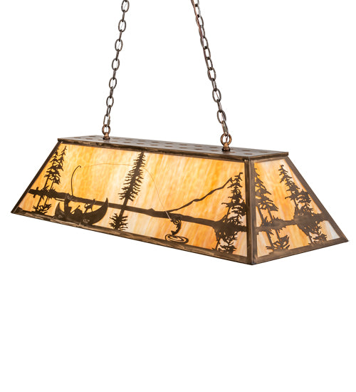 Meyda Lighting Trout & Fisherman 48" 6-Light Antique Copper Island Pendant Light With Beige Flemish Shade Glass