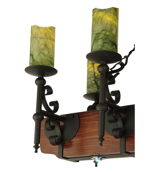 Meyda Lighting Tudor 60" 15-Light LED Wrought Iron Island Chandelier With Green Irregular Candle Top Jadestone Shade
