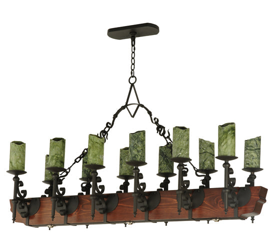 Meyda Lighting Tudor 60" 15-Light LED Wrought Iron Island Chandelier With Green Irregular Candle Top Jadestone Shade