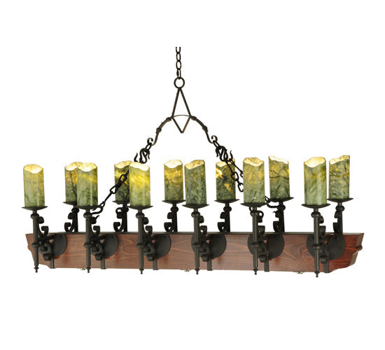 Meyda Lighting Tudor 60" 15-Light LED Wrought Iron Island Chandelier With Green Irregular Candle Top Jadestone Shade
