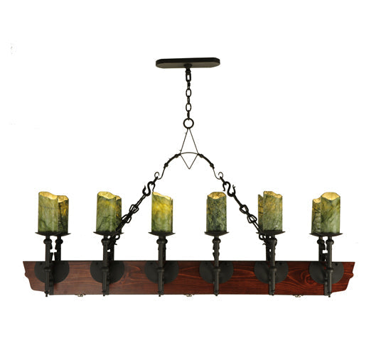 Meyda Lighting Tudor 60" 15-Light LED Wrought Iron Island Chandelier With Green Irregular Candle Top Jadestone Shade