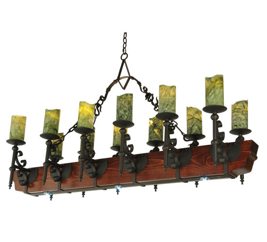 Meyda Lighting Tudor 60" 15-Light LED Wrought Iron Island Chandelier With Green Irregular Candle Top Jadestone Shade