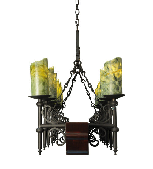 Meyda Lighting Tudor 60" 15-Light LED Wrought Iron Island Chandelier With Green Irregular Candle Top Jadestone Shade