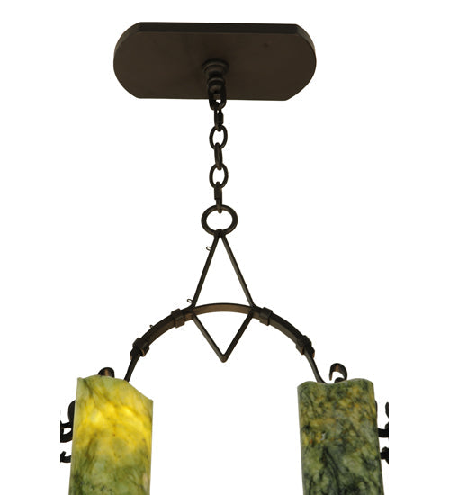 Meyda Lighting Tudor 60" 15-Light LED Wrought Iron Island Chandelier With Green Irregular Candle Top Jadestone Shade