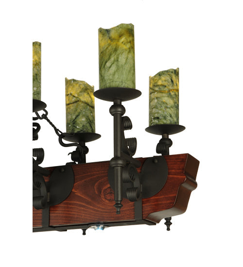 Meyda Lighting Tudor 60" 15-Light LED Wrought Iron Island Chandelier With Green Irregular Candle Top Jadestone Shade