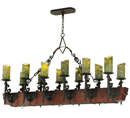 Meyda Lighting Tudor 60" 15-Light LED Wrought Iron Island Chandelier With Green Irregular Candle Top Jadestone Shade