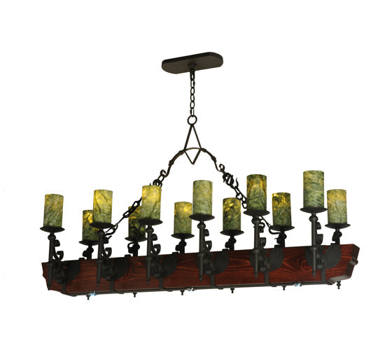 Meyda Lighting Tudor 60" 15-Light LED Wrought Iron Island Chandelier With Green Jadestone Shade
