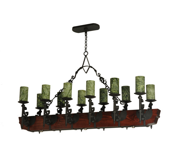 Meyda Lighting Tudor 60" 15-Light LED Wrought Iron Island Chandelier With Green Jadestone Shade