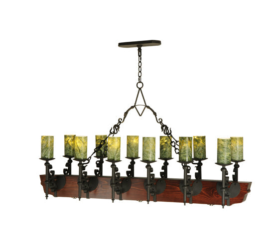 Meyda Lighting Tudor 60" 15-Light LED Wrought Iron Island Chandelier With Green Jadestone Shade
