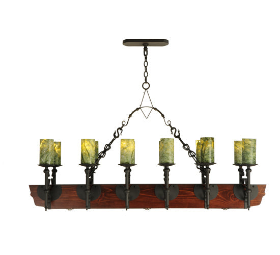 Meyda Lighting Tudor 60" 15-Light LED Wrought Iron Island Chandelier With Green Jadestone Shade
