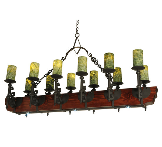 Meyda Lighting Tudor 60" 15-Light LED Wrought Iron Island Chandelier With Green Jadestone Shade