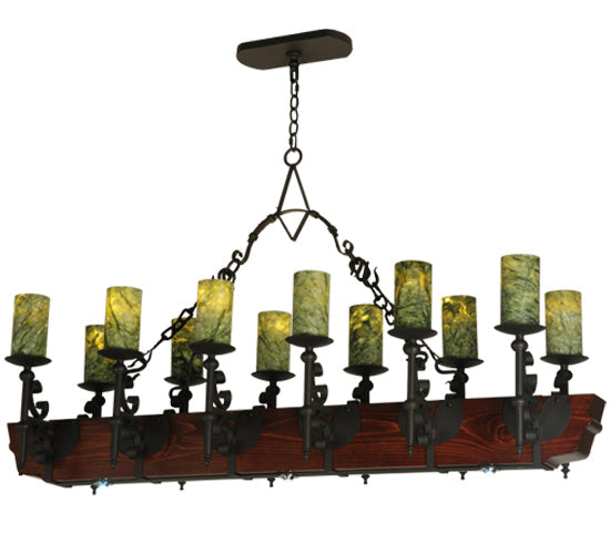 Meyda Lighting Tudor 60" 15-Light LED Wrought Iron Island Chandelier With Green Jadestone Shade
