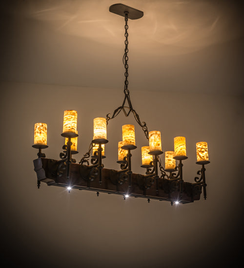 Meyda Lighting Tudor 60" 15-Light LED Wrought Iron Island Chandelier With White Jadestone Shade