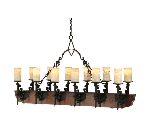 Meyda Lighting Tudor 60" 15-Light LED Wrought Iron Island Chandelier With White Jadestone Shade