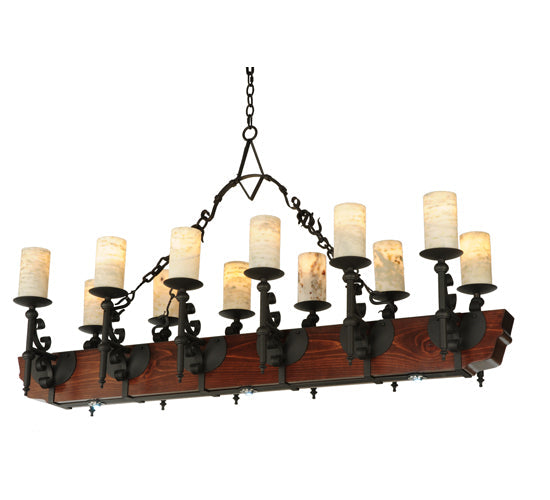Meyda Lighting Tudor 60" 15-Light LED Wrought Iron Island Chandelier With White Jadestone Shade