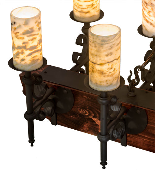 Meyda Lighting Tudor 60" 15-Light Natural Wood & Wrought Iron Island Chandelier With Light Green Jadestone Shade
