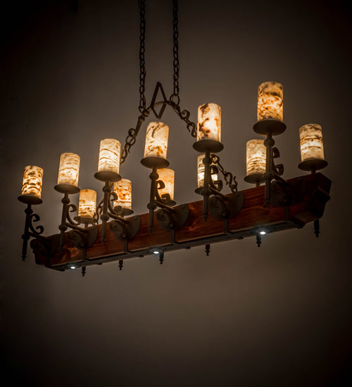 Meyda Lighting Tudor 60" 15-Light Natural Wood & Wrought Iron Island Chandelier With Light Green Jadestone Shade