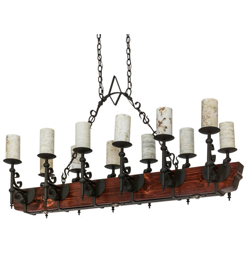 Meyda Lighting Tudor 60" 15-Light Natural Wood & Wrought Iron Island Chandelier With Light Green Jadestone Shade
