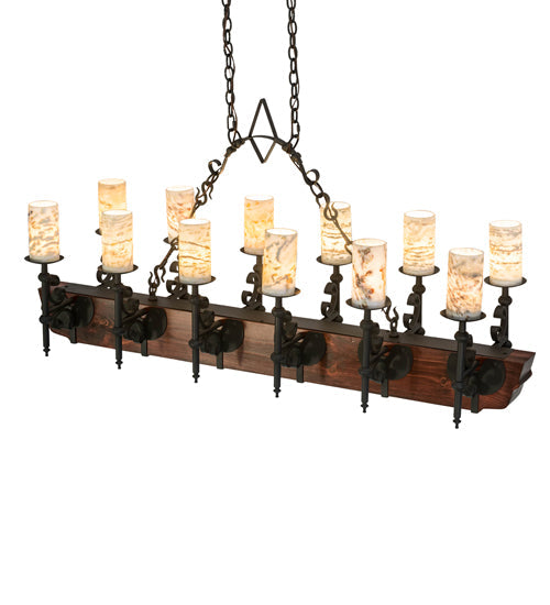 Meyda Lighting Tudor 60" 15-Light Natural Wood & Wrought Iron Island Chandelier With Light Green Jadestone Shade