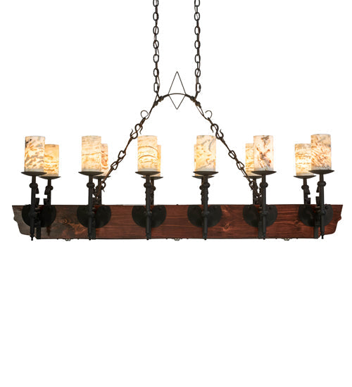 Meyda Lighting Tudor 60" 15-Light Natural Wood & Wrought Iron Island Chandelier With Light Green Jadestone Shade