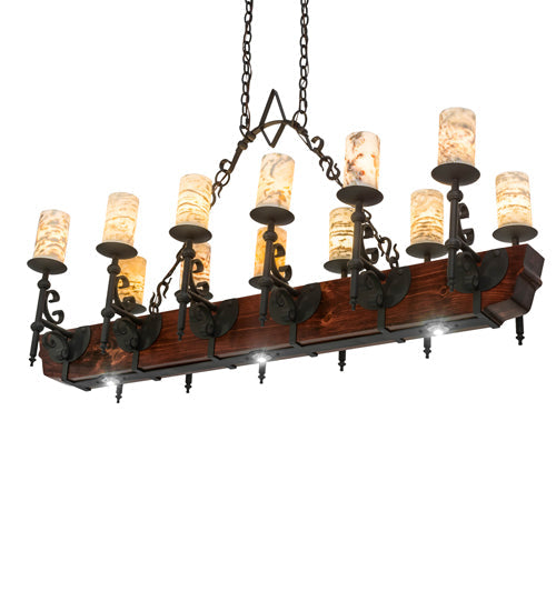Meyda Lighting Tudor 60" 15-Light Natural Wood & Wrought Iron Island Chandelier With Light Green Jadestone Shade