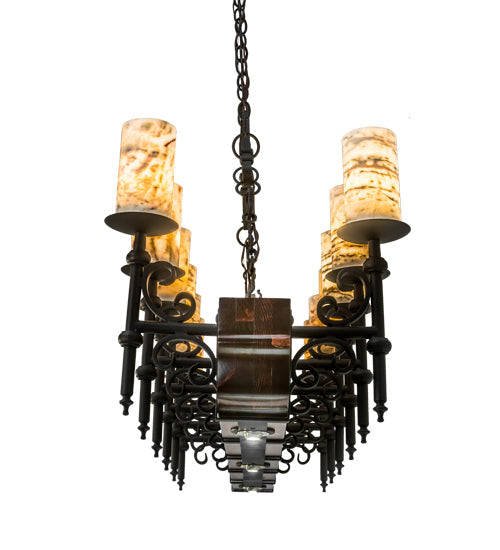 Meyda Lighting Tudor 60" 15-Light Natural Wood & Wrought Iron Island Chandelier With Light Green Jadestone Shade