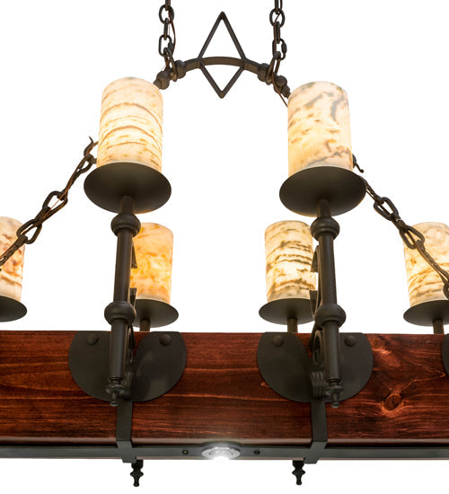 Meyda Lighting Tudor 60" 15-Light Natural Wood & Wrought Iron Island Chandelier With Light Green Jadestone Shade