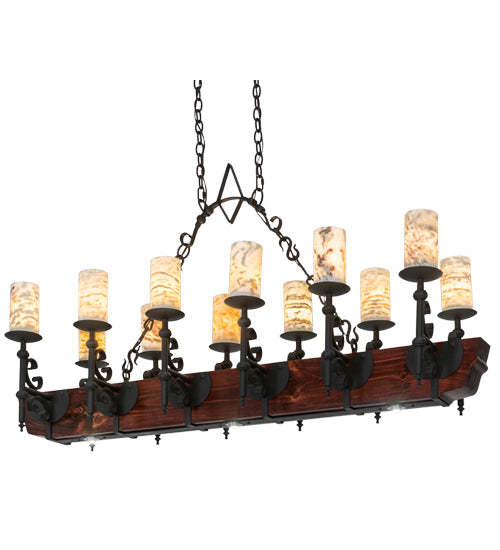 Meyda Lighting Tudor 60" 15-Light Natural Wood & Wrought Iron Island Chandelier With Light Green Jadestone Shade