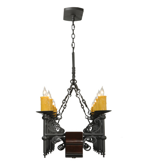 Meyda Lighting Tudor 60" 15-Light Wrought Iron Chandelier With Amber Faux Candlelight