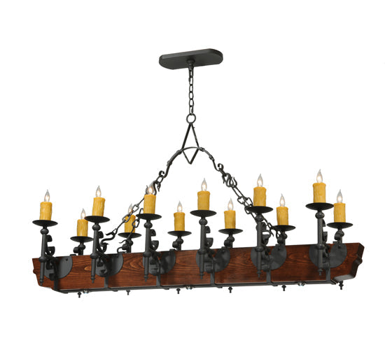 Meyda Lighting Tudor 60" 15-Light Wrought Iron Chandelier With Amber Faux Candlelight