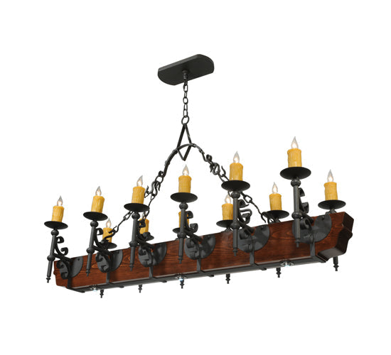 Meyda Lighting Tudor 60" 15-Light Wrought Iron Chandelier With Amber Faux Candlelight